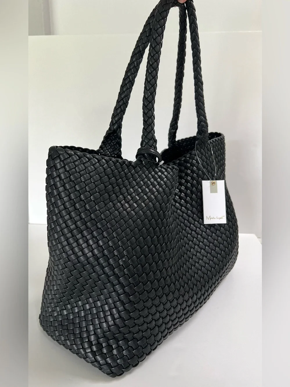Moda Luxe Black Woven Large Tote Bag + Pouch NWT
